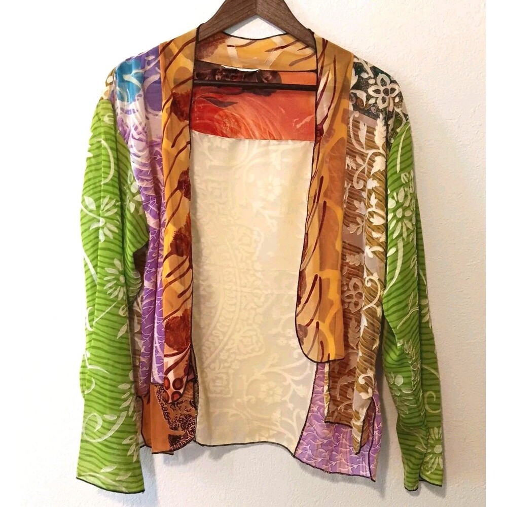 Vtg Sterling Styles  Artsilk One Size Jacket Kimono Open Multicolor Waist Length - Picture 2 of 13